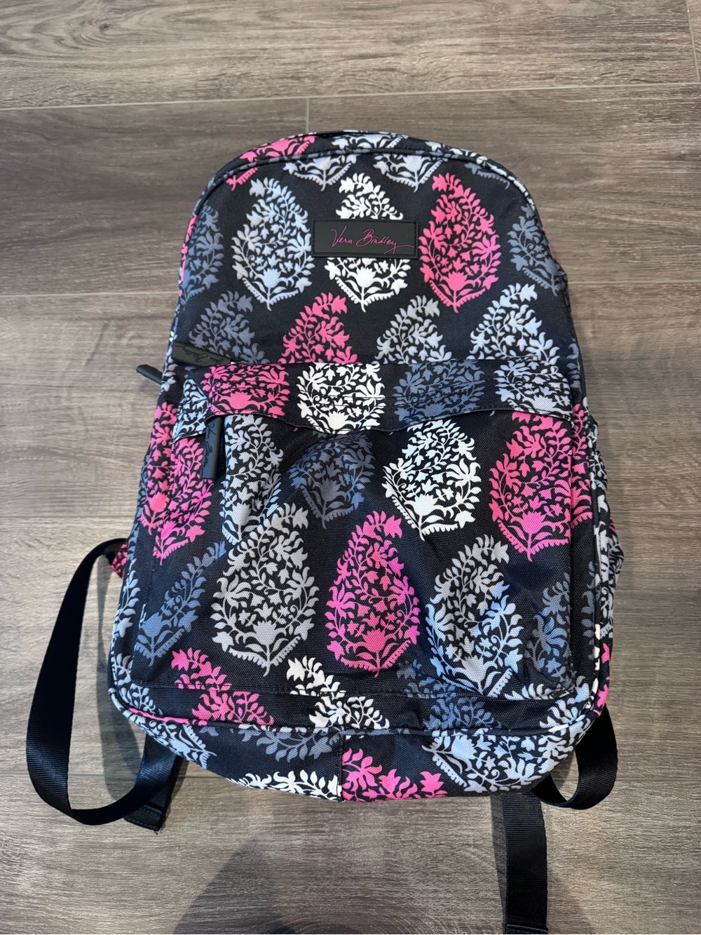 Vera Bradley Black Pink Gray White Patterned Backpack, excellent